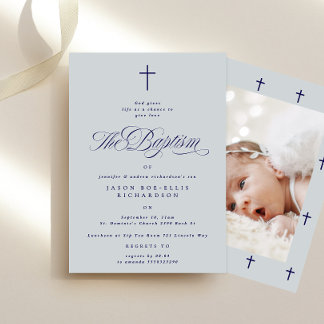 Invitation Blue Elegant Navy Cross Boy Photo Baptême