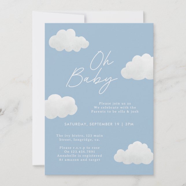 Invitation Blue élégant Oh Baby shower moderne design (Devant)