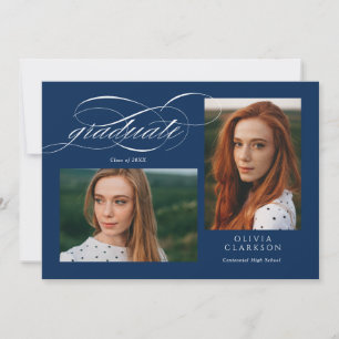 Invitation Blue Elegant Script 3 Photo Graduation Party