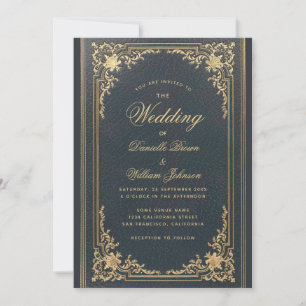Invitation Blue Elegant Vintage Gold Calligraphie Mariage