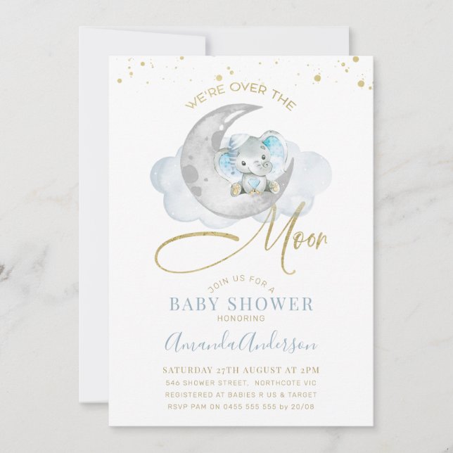 Invitation Blue Elephant au-dessus de la lune Baby shower Inv (Devant)