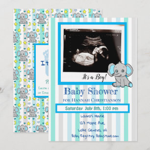 Invitation Blue Elephant Baby Boy Ultrasound Baby shower
