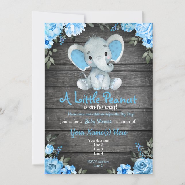 Invitation Blue Elephant Baby shower invitation, garçon rusti (Devant)