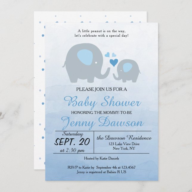 Invitation Blue Elephant Baby shower Party (Devant / Derrière)