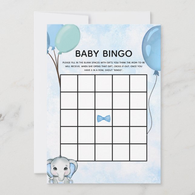 Invitation Blue Elephant Ballons Baby shower Baby Bingo Card (Devant)