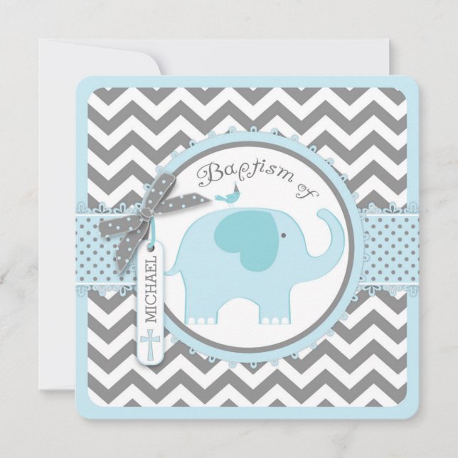 Invitation Blue Elephant Bird and Chevron Imprimer le baptême (Devant)