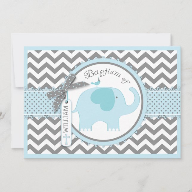 Invitation Blue Elephant Bird et Chevron Imprimer Baptême (Devant)