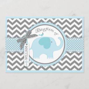 Invitation Blue Elephant Bird et Chevron Imprimer Baptême