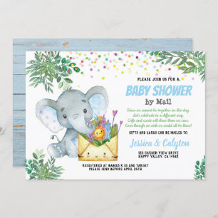 Invitation Blue Elephant boy baby shower par mail greenery