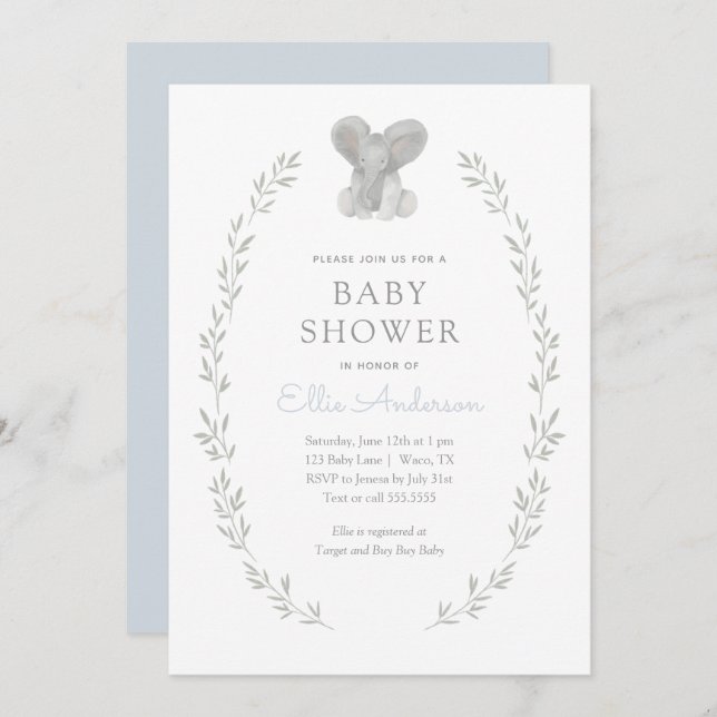 Invitation Blue Elephant Greenery Baby shower garçon (Devant / Derrière)