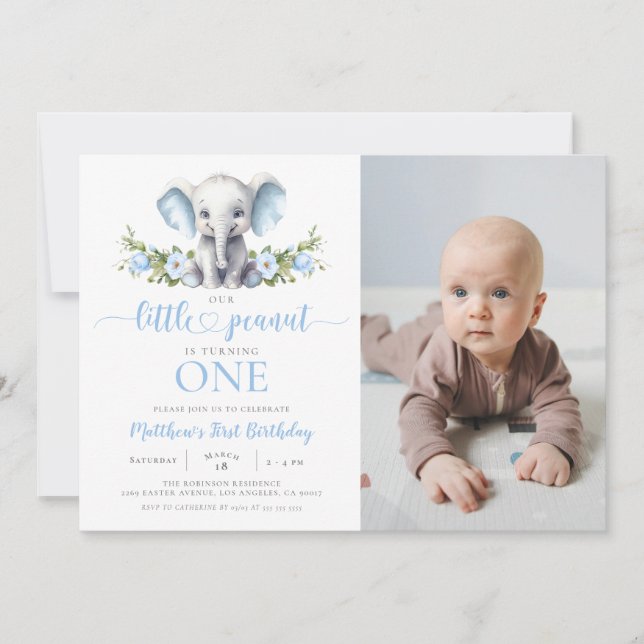 Invitation Blue Elephant Little Peanut Boy 1er Anniversaire P (Devant)