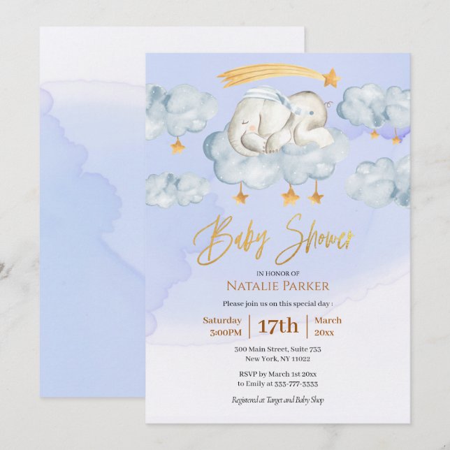 Invitation Blue Elephant Twinkle Little Star Boy Baby shower (Devant / Derrière)
