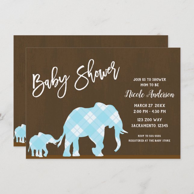 Invitation Blue Elephants Brown tendance Baby shower moderne (Devant / Derrière)