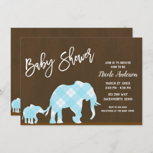 Invitation Blue Elephants Brown tendance Baby shower moderne