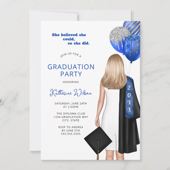 Invitation Blue Elle Croit Photo Graduation Party (Devant)