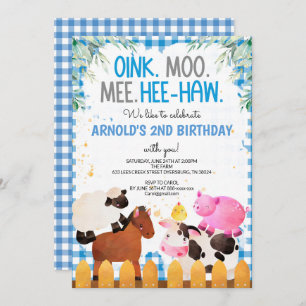 Invitation Blue En vichy Farm Animaux Garçon Anniversaire Bar