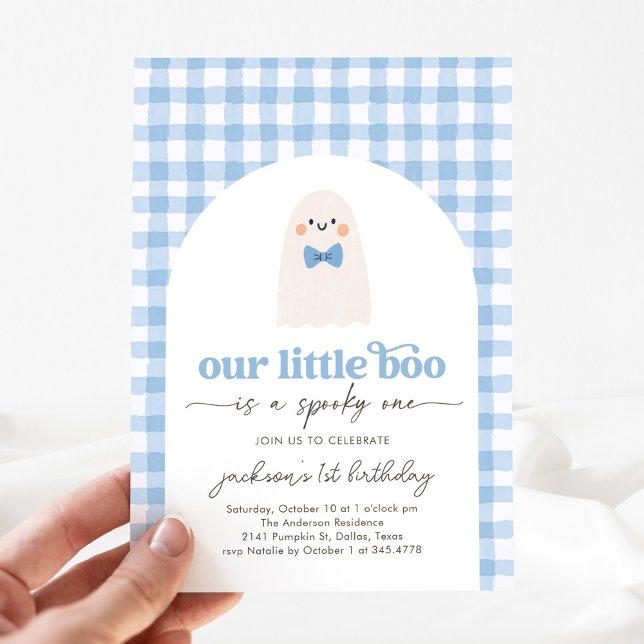 Invitation Blue En vichy Little Boo Ghost 1er anniversaire (Créateur téléchargé)