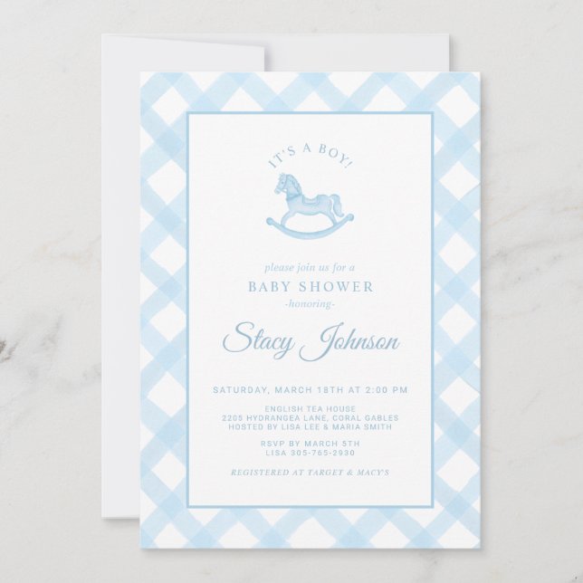 Invitation Blue En vichy Rocking Horse Boy Baby shower Invita (Devant)