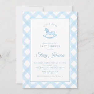 Invitation Blue En vichy Rocking Horse Boy Baby shower Invita
