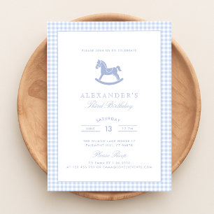 Invitation Blue En vichy Rocse Horse Boy Anniversaire