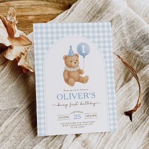Invitation Blue En vichy Teddy Bear Balloon Boy 1er anniversa