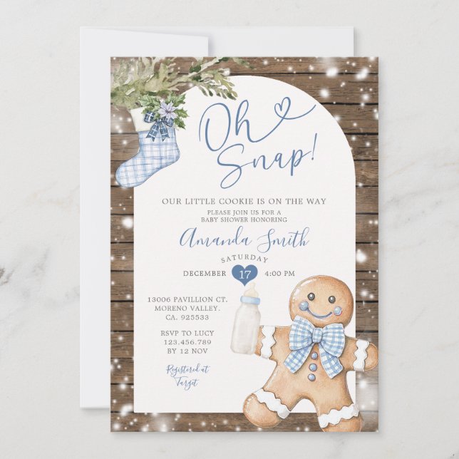 Invitation Blue En vichy Woods Oh Snap Baby shower de Noël (Devant)