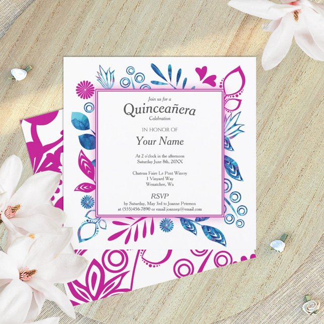 Invitation Blue et Magenta Rose Quinceañera (royal blue, magenta berry pink floral quinceanera invitation)