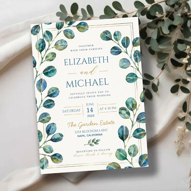 Invitation Blue Eucalyptus with Elegant Gold Details (Créateur téléchargé)