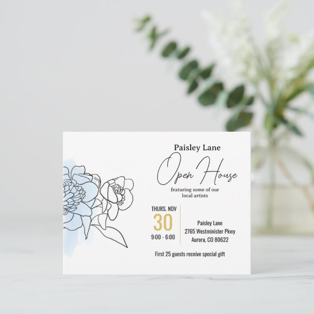 Invitation Blue Event pour open house ou autre (Debout devant)