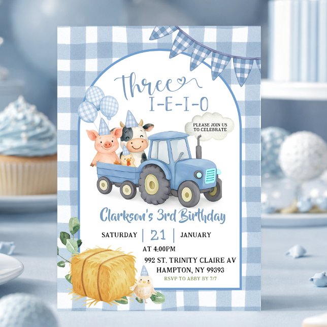 Invitation Blue Farm Animals Three-i-e-i-o 3rd Birthday (Créateur téléchargé)