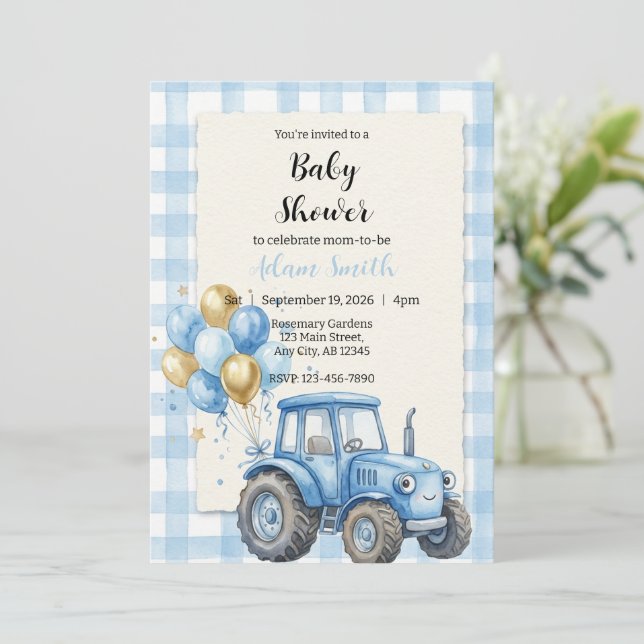 Invitation Blue Farm Tractor Boy Baby Shower (Debout devant)