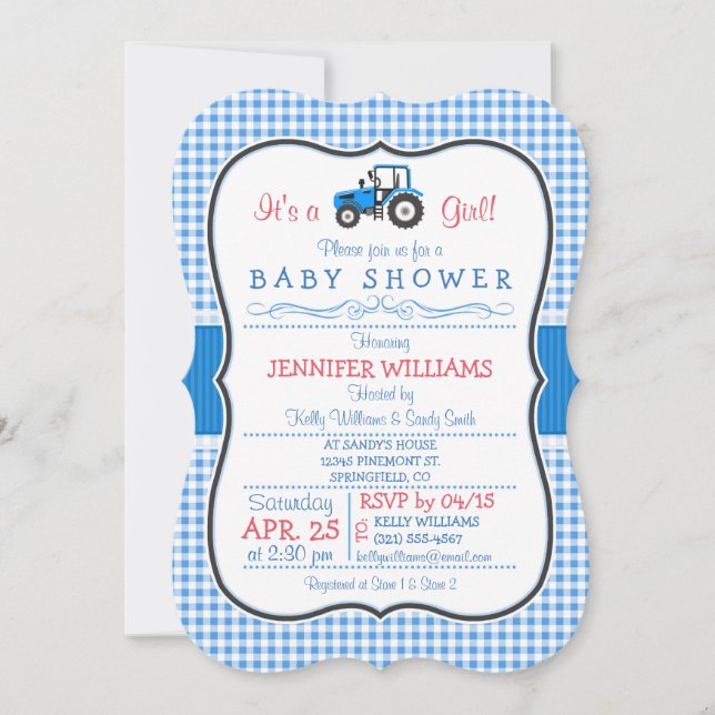 Invitation Blue Farm Tractor, Country Girl Baby shower (Devant)