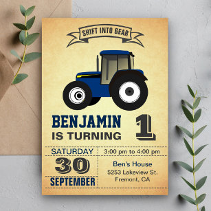Invitation Blue Farm Tractor Premier anniversaire de fête Inv