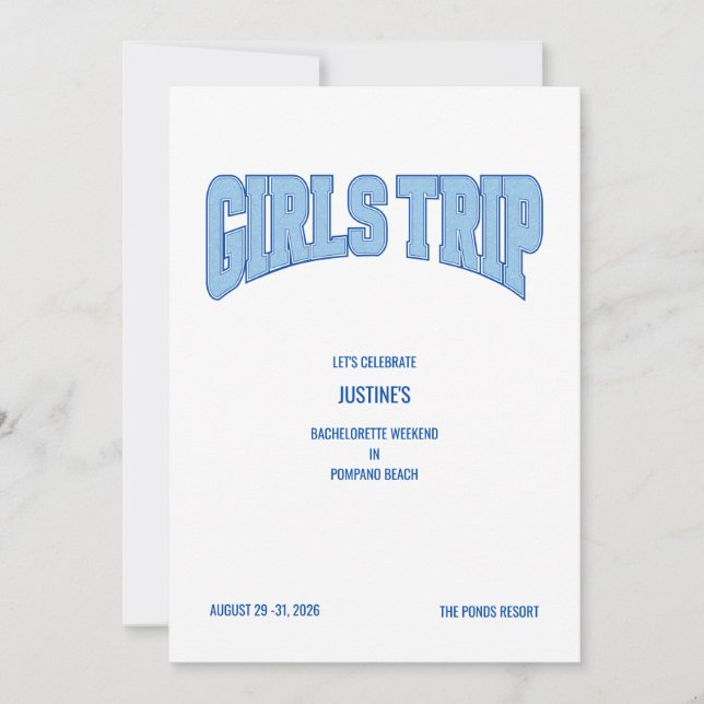 Invitation Blue Faux Glitter GIRLS TRIP Bachelorette Party  (Devant)