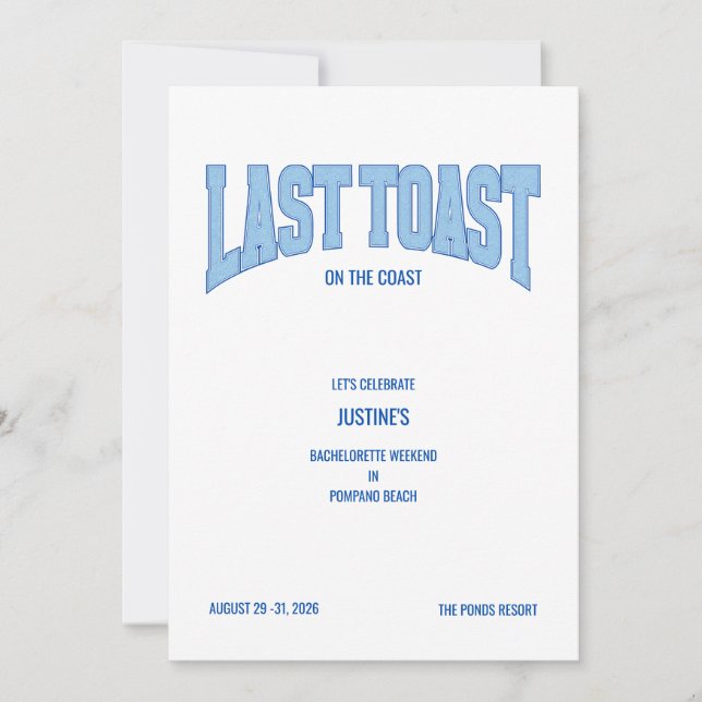 Invitation Blue Faux Glitter LAST TOAST Bachelorette Party  (Devant)