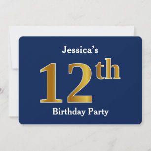 Invitation Blue, Faux Gold 12e fête d'anniversaire + Nom pers