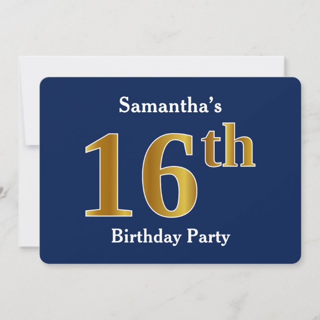 Invitation Blue, Faux Gold 16e fête d'anniversaire + Nom pers (Devant)