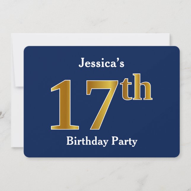 Invitation Blue, Faux Gold 17th Birthday Party + Custom Name (Devant)