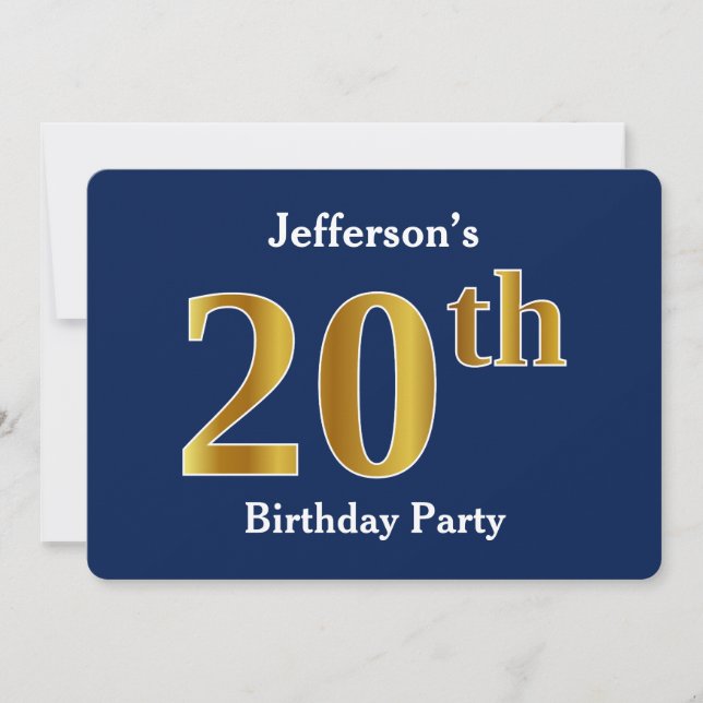 Invitation Blue, Faux Gold 20th Birthday Party + Nom personna (Devant)