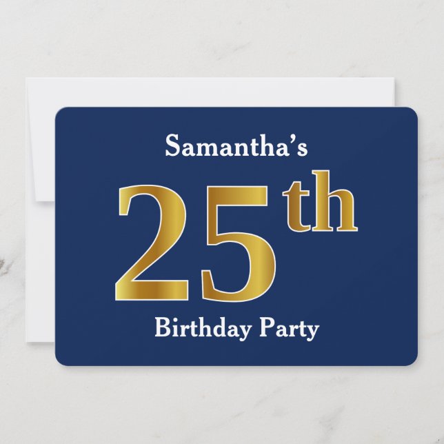 Invitation Blue, Faux Gold 25th Birthday Party + Nom personna (Devant)