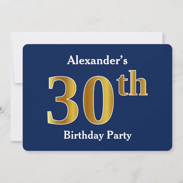 Invitation Blue, Faux Gold 30th Birthday Party + Nom personna (Devant)