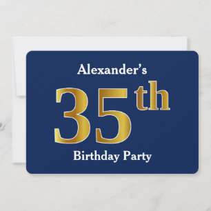 Invitation Blue, Faux Gold 35th Birthday Party + Custom Name