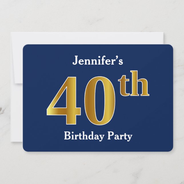 Invitation Blue, Faux Gold 40th Birthday Party + Nom personna (Devant)