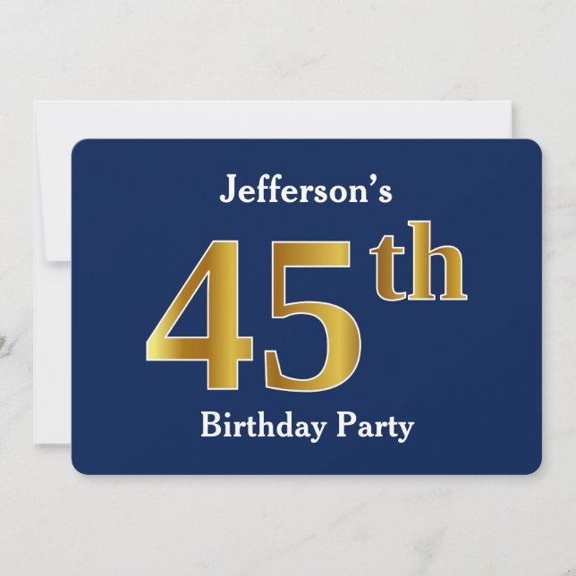 Invitation Blue, Faux Gold 45th Birthday Party + Nom personna (Devant)