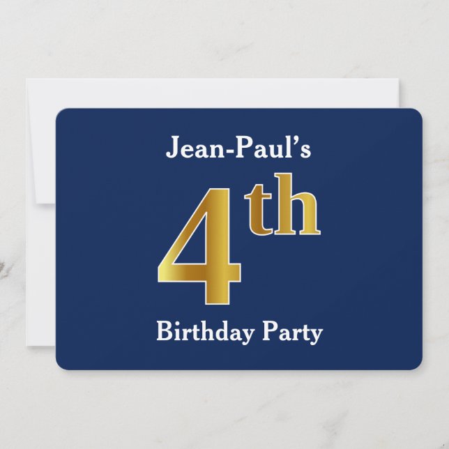 Invitation Blue, Faux Gold 4e fête d'anniversaire + Nom perso (Devant)