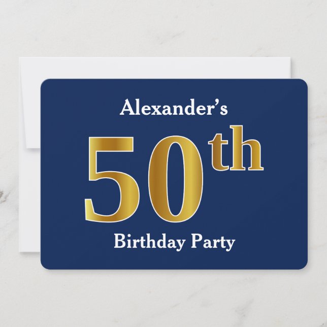 Invitation Blue, Faux Gold 50th Birthday Party + Nom personna (Devant)