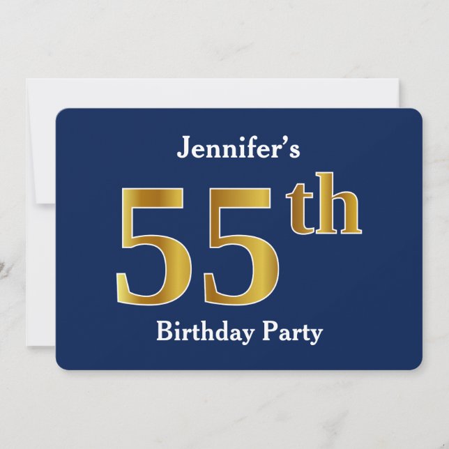 Invitation Blue, Faux Gold 55th Birthday Party + Custom Name (Devant)