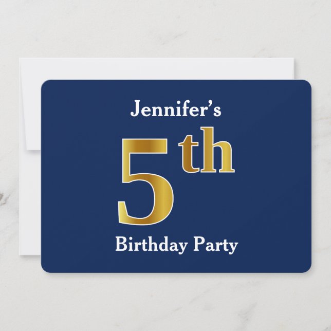 Invitation Blue, Faux Gold 5e fête d'anniversaire + Nom perso (Devant)