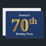 Invitation Blue, Faux Gold 70th Birthday Party   Nom personna<br><div class="desc">Cette conception d'invitation comporte le numéro ordinal "70e" avec un aspect faux or. Il comporte également un nom customisé et un arrière - plan bleu. Il pourrait être utilisé pour invitation des gens à la fête du soixante-dixième anniversaire de quelqu’un.</div>