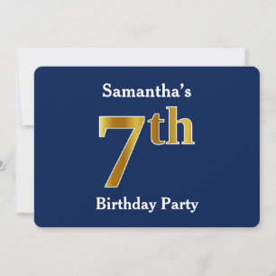 Invitation Blue, Faux Gold 7e fête d'anniversaire + Nom perso